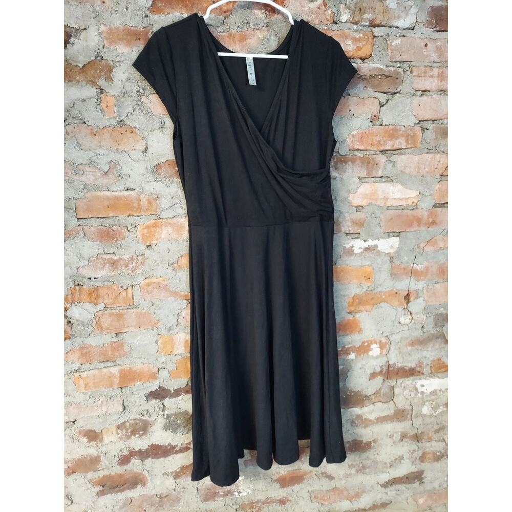 Lyss Loo Womens Faux Wrap A-Line Dress Size 1X Black V-Neck Short Sleeve